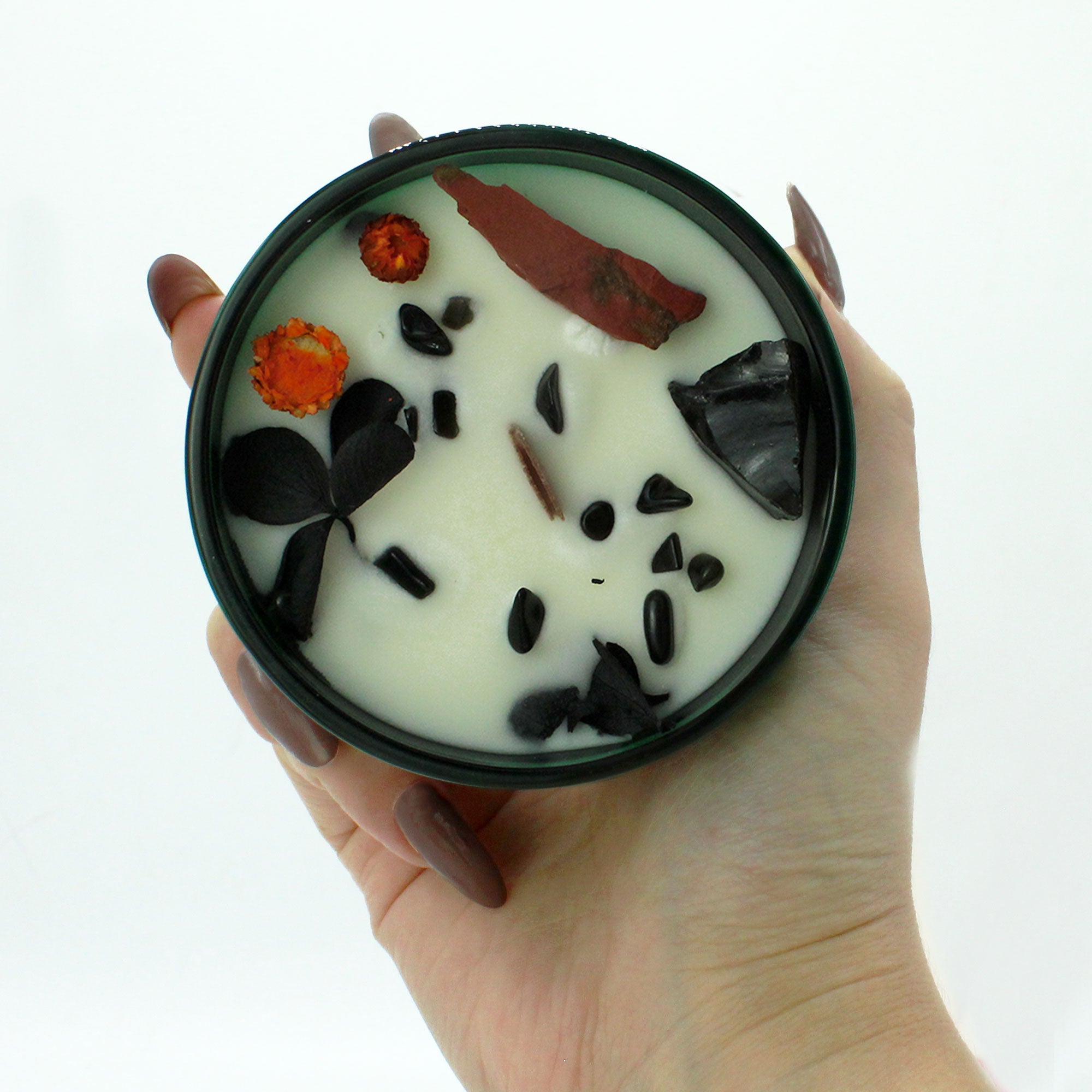Crystal Candle Rode Jaspis & Zwarte Agaat – Ylang Ylang & Patchouli