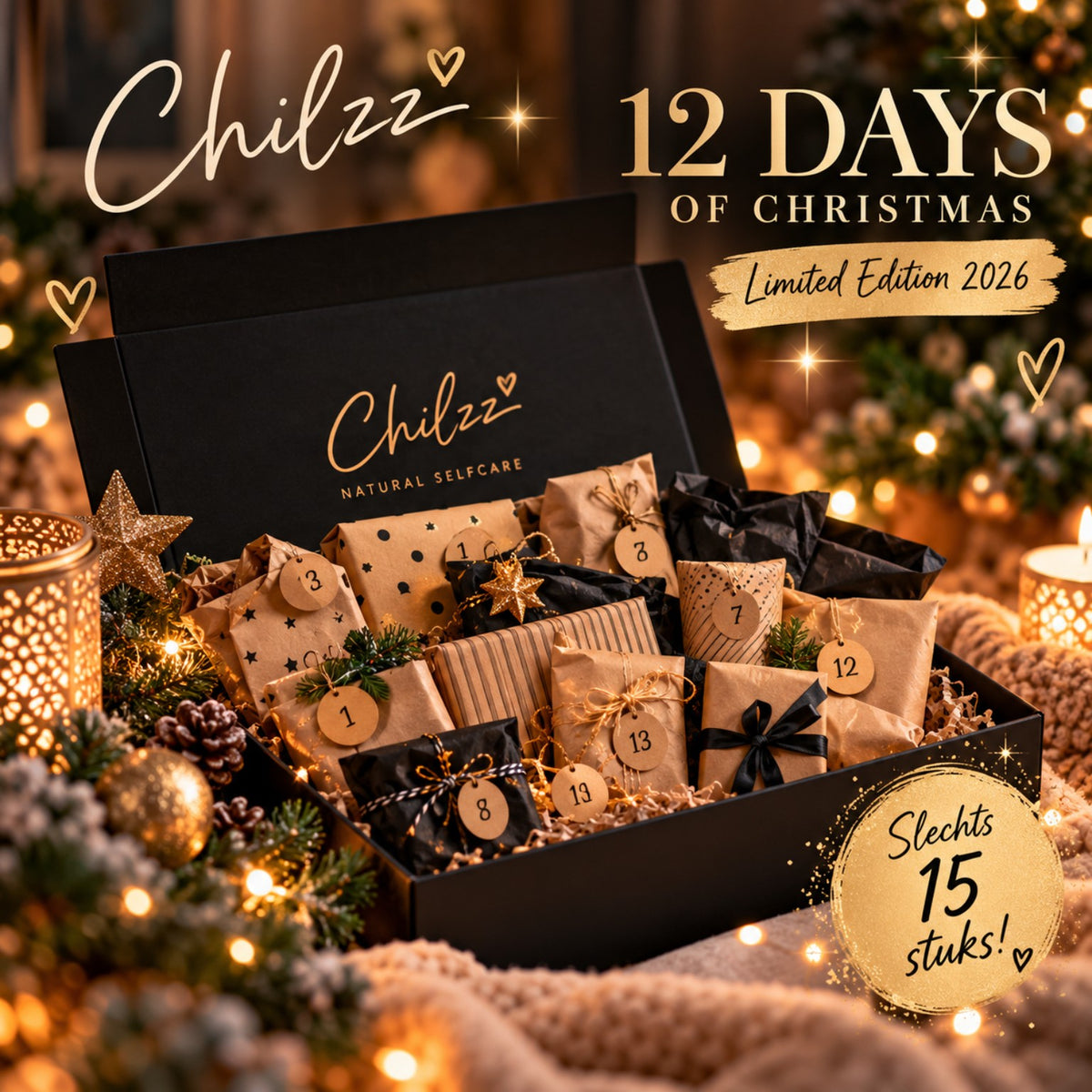 Chilzz 12 Days of Christmas 2026, luxe kerstcadeaubox met twaalf ingepakte verrassingen. Sfeerbeeld, definitieve uitvoering kan afwijken.