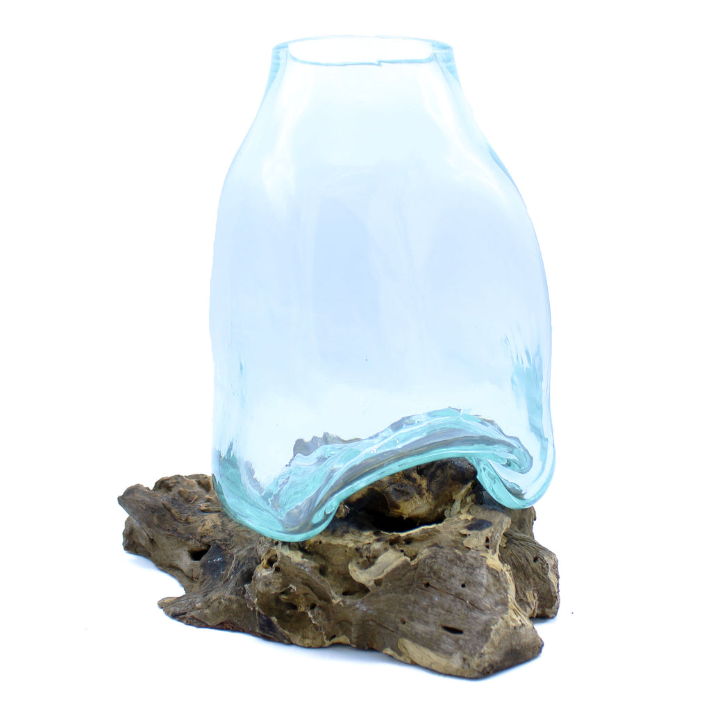 Glazen Vaas met Houten Onderstel